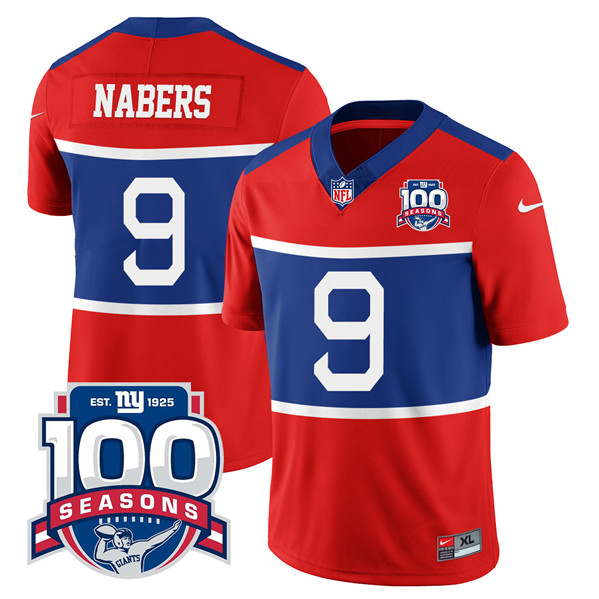 Men's New York Giants #9 Malik Nabers Century Red 2024 Draft 100TH Season Commemorative Patch Limited Stitched Football Jersey